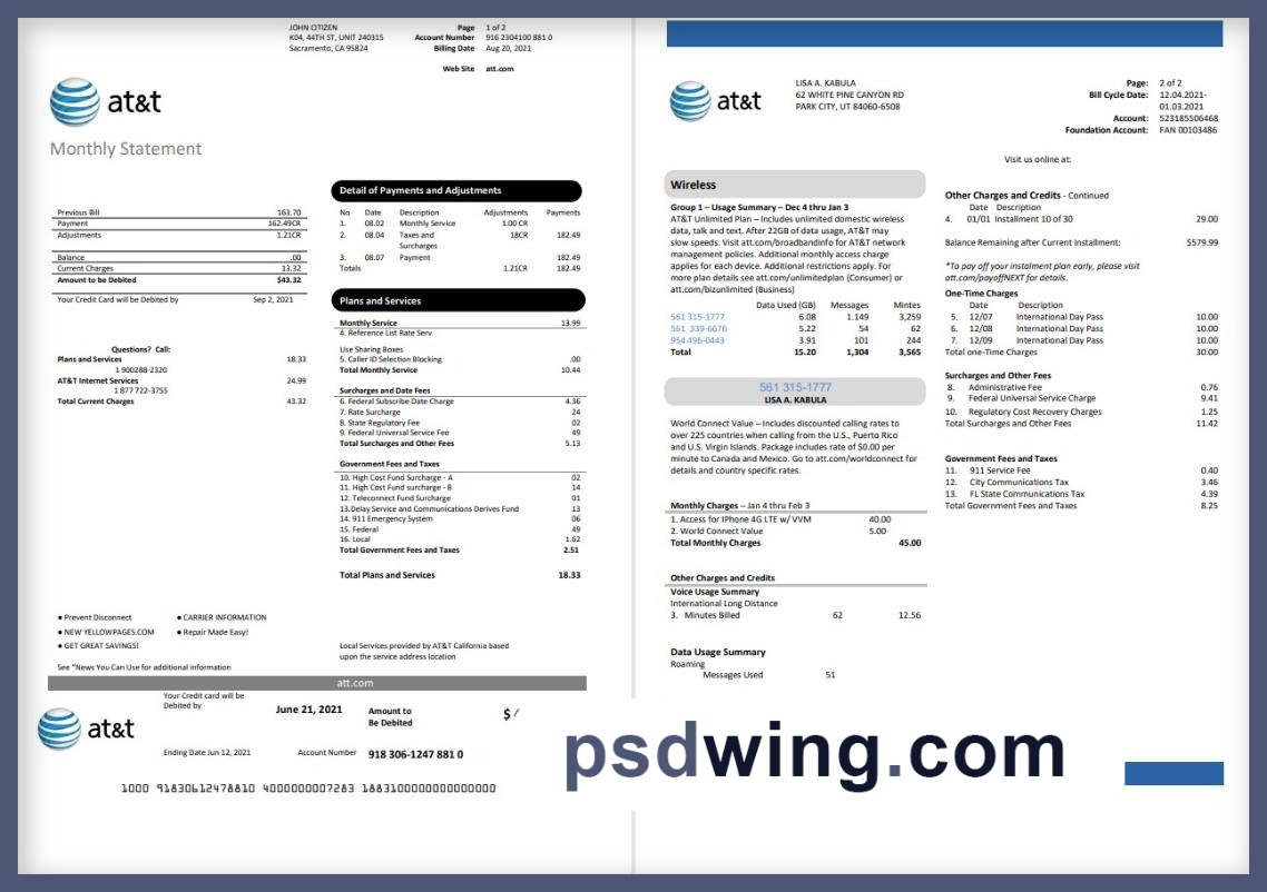 USA Texas AT&T Telecommunications Utility Bill (2 Pages)